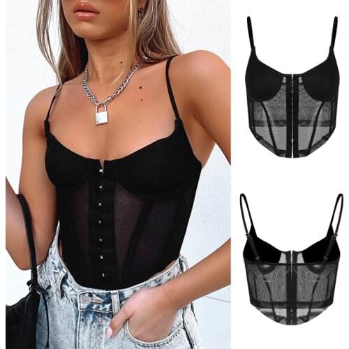Women Lace Camisole Sexy Lace Mesh Transparent Tank Top Backless Skinny Elastics V-Neck Corset