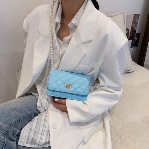 Women Lattice Pattern Small Shoulder Bag Soft PU Leather Messenger Bag Pearl Chain Crossbody Lady Mini Lock Purses Party Clutch