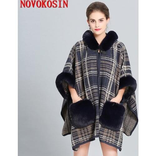 SC285 2018 Women Faux Wool Fur Collar Printed Cardigan Winter Warm Thick Long Batwing Sleeves Poncho Plus Size Ladies Hairy Coat