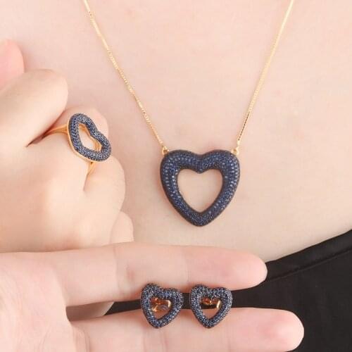 2019 New Gold Copper Hollow Out Heart AAA Cubic Zirconia Womens Earrings Necklace Ring Wedding Party Fashion Jewelry Sets Gift