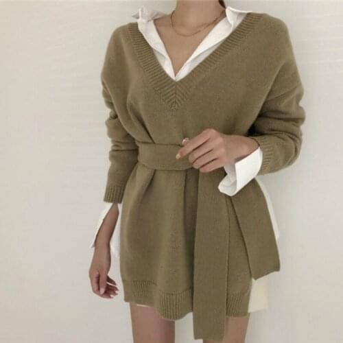 Women Autumn Knitted v neck pullover Sweater with sashes ladies long sleeve outwear slim jumper