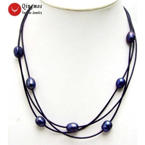 Qingmos 10-11mm Natural Black Pearl Necklace for Women with Rice Pearl Pendant Necklace Leather 3 Strands Chokers Necklace n5939