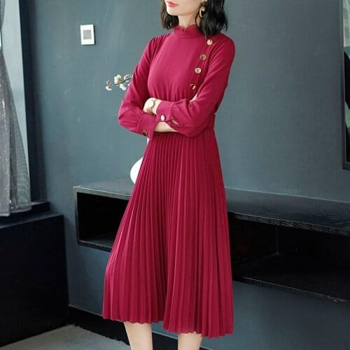 Bestseller Autumn Winter Dress Stand Neck Women Party Dress Pleated Ruffles Red Sweet Weeding Dresses Loose Maxi Dresses