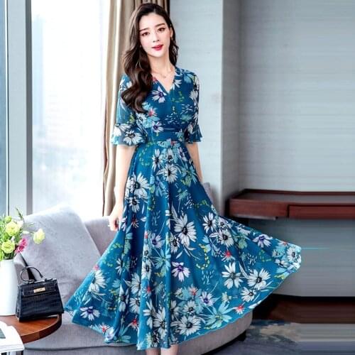 Summer Dress Women Floral Print V-neck Half Sleeve Casual Slim A-line Long Chiffon Dress Elegant Female Beach Dress Plus Size