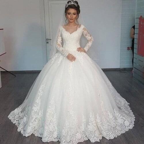 V Neck Long Sleeve A Line Wedding Dresses 2020 Tulle Applique Lace Trouwjurken Vestidos De Novia Zipper-Up Court Train