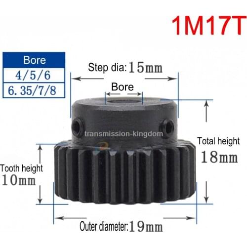 1Pcs 45# Steel 1Modulus 17 Teeth Spur Gear D Bore Metal Motor Convex Gear Rack Transmission