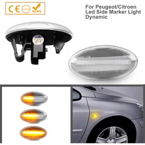 2Pcs Dynamic LED Side Marker Lights Car Accessories Turn Signal Lamps For Peugeot 107 108 206 307 407 607 Citroen C2 C3 C4 C5 C6