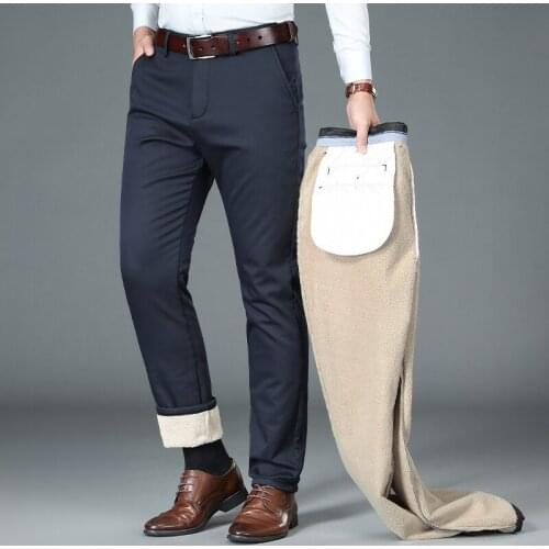 2021 Winter Mens Warm Smart Casual Pants Lamb Wool Lining Fashion Business Thick Stretch Trousers Male Brand Clothing