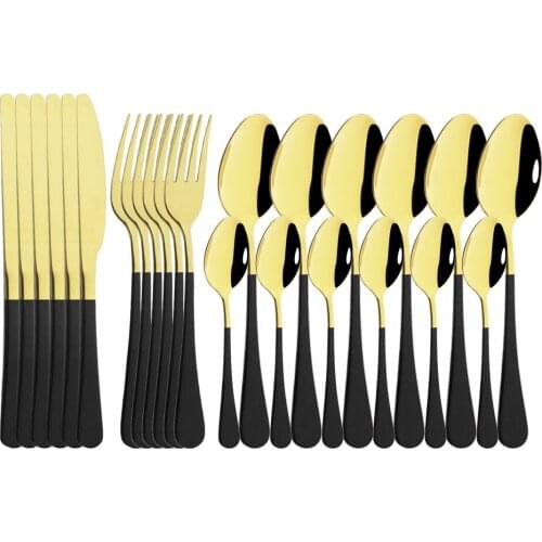 24Pcs Black Gold Dinnerware Set Stainless Steel Flatware Home Knife Fork Spoon Cutlery Set Tableware Silverware Set Dropshipping