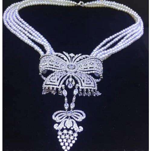 3-4MM natural fresh water pearl pendant necklace 925 sterling silver with cubic zircon bowknot necklace fine women jewelry