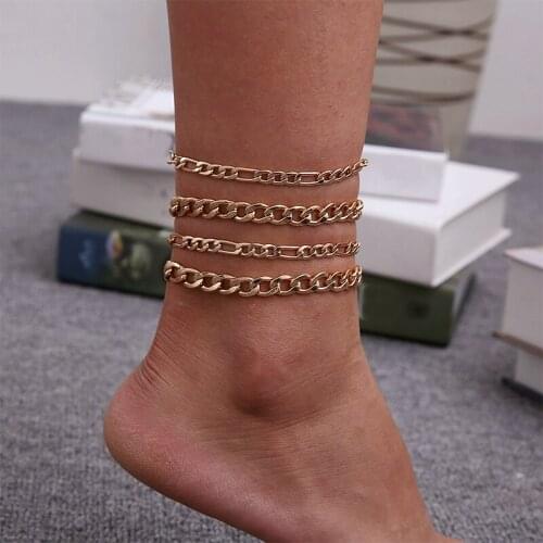 4 Pcs/Set Bohemian Women Anklets Set Geometric Oval Link Chain Gold Anklet Fashion Summer Sandals Jewelry Birthday Gift