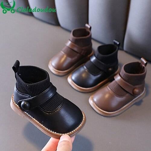 12-15.5cm Baby Girls Fashion Boots For Autumn,Solid Knitting With Pu Leather Simple Dress Shoes For Toddler Party Wedding Size 6