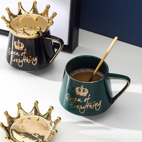 300ml Crown Coffee Cup Ceramic with Lid and Spoon Personality Nordic Style Multicolor Mug Couple Christmas Gift Kitchen&Office