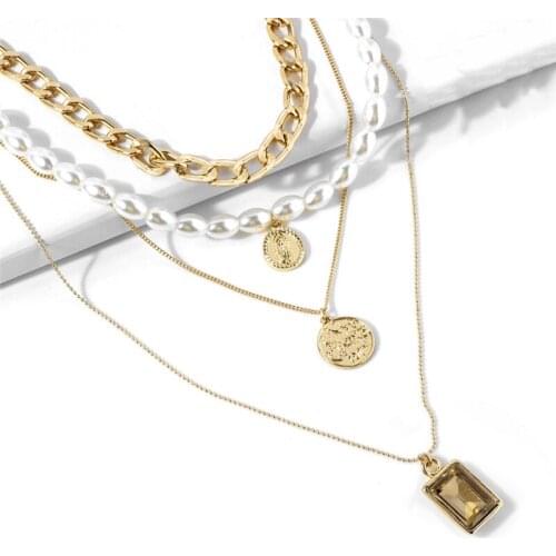 KSRA 2020 New Fashion Pop Portrait Pendant Necklace Pearl Alloy Gem Sweater Chain Multi-layer Necklace Pendant Jewelry