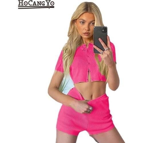 Summer Women Knitted Cotton Short Sets Fashion Casual Sport 2 Pieces Set Skinny Short Sleeve Crop Top and Shorts Mujer Homewear