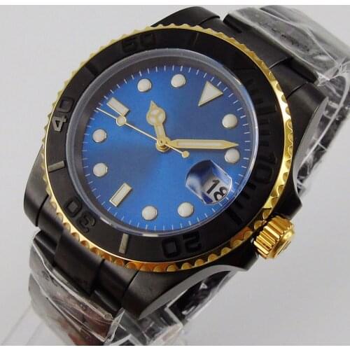 40mm Sterile Blue Dial Luminous PVD Coated Brushed Ceramic Bezel Sapphire Glass NH35 Date Automatic Mens Watch