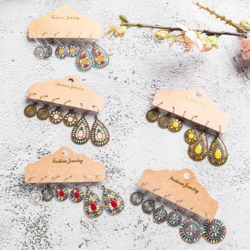 Multiple 3 Pairs Drop Earrings Set for Women Boho Vintage Bohemian Ethnic Dangle Handmade Hanging Earrings Jewelry 2019 Gift