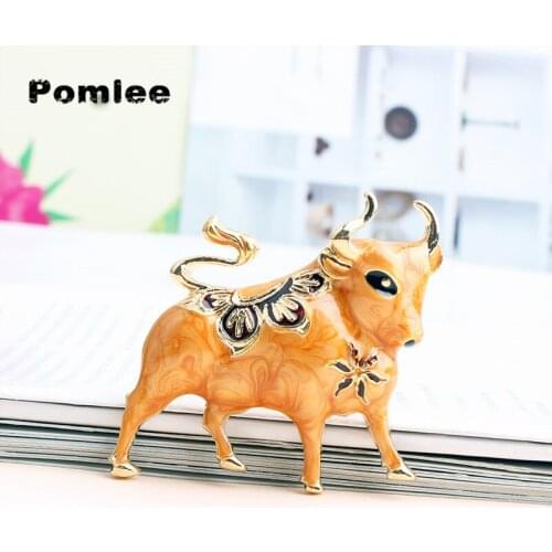 Pomlee 3 Colors Enamel Flower Cattle Brooches Women Men Bull Ox Animal New Year Party Causal Office Brooch Pins Gifts