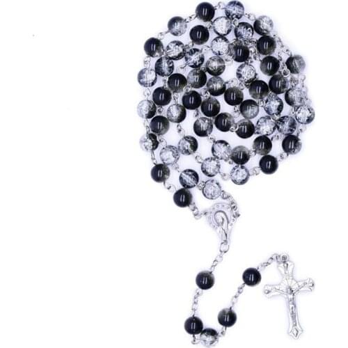 QIGO Glass Rosary Necklace Long Religious Cross Pendant Necklace