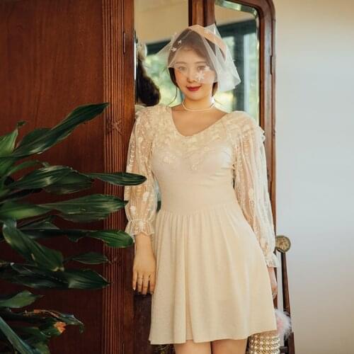 Plus Size Ruffled Swimsuit Women One Piece Solid Swimwear Long Sleeve Sexy Gauze Korean Style Bathing Suit 2XL-5XL Skirts Pads