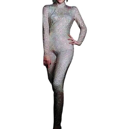 Silver Full Rhinestones Jumpsuits Long Sleeve Backless Playsuits Nightclub Dance Show Wear Club Bodysuit For Women Dance Wear