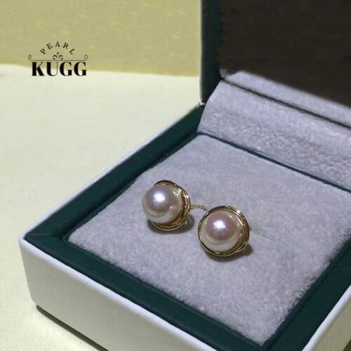 KUGG PEARL 18k Yellow Gold Earrings 7.5-8mm Natural Akoya White Pearl Earrings Handmade Jewelry Stud Earrings for Women