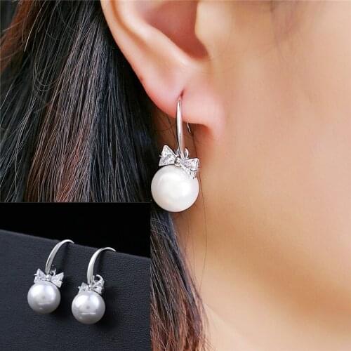 2019 New FashionCubic Zirconia Bow Earrings Pendientes Silver High quality Pearl Jewelry Girls & Women Sliver Earrings wholesale