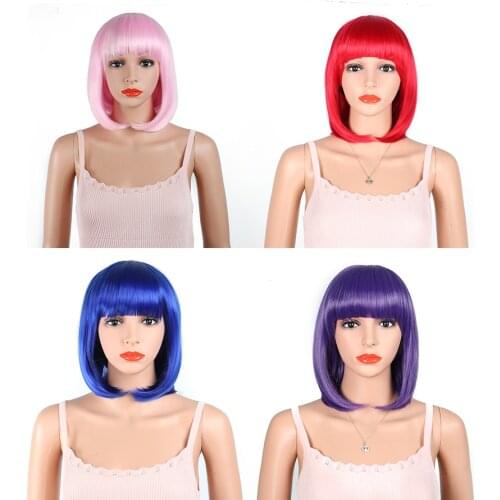Synthetic short pink bob wigs with bangs for black women red blue purple heat resistant womens cosplay wig