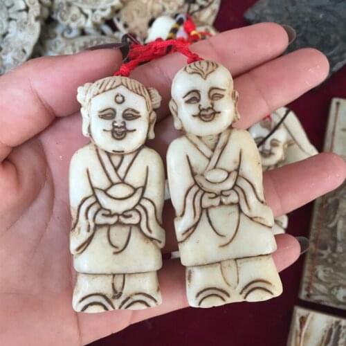 Collect old hand sculpture golden boy jade girl white jade sculpture pendant free shipping