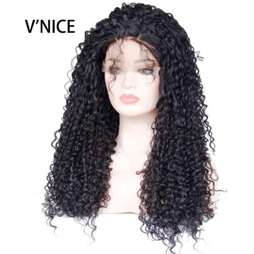 VNICE Black Color Long Hair Kinky Curly Lace Wigs Heat Resistant Fiber 180 Density Synthetic Lace Front Wig with Baby Hair