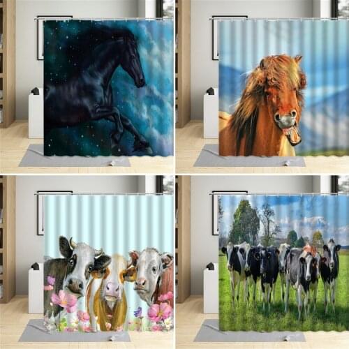 Cattle Horse Shower Curtain Cows Flower Grassland Oil Painting Snow Landscape Pattern Bathroom Decor Polyester Cloth Curtain Set