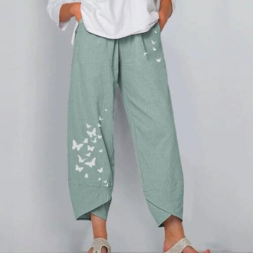 Vintage Linen Pants Women Summer Casual Harem Pants Floral Printed Elastic Waist Wide Leg Pants Female Loose Trousers Plus Size