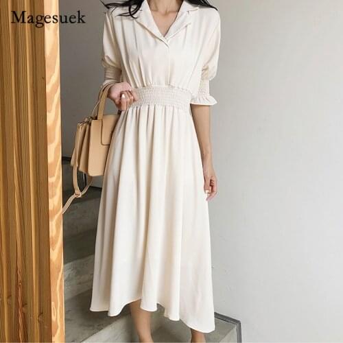 Korean Women Summer Dress Solid V-Neck High Waist White Dress for Women Casual Temperament Thin Long Dress Vestidos 14139