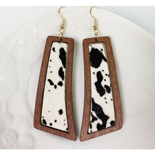 2021 Wholesale Geometric Leopard Print Horsehair Cowhide Earrings Bohemian Gold Dot Cow Print Wood Earrings Fashion Earrings