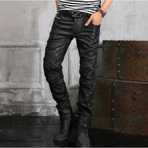 28-38 ! 2015 New European Style Mens Brand Casual Motorcycle Punk Slim Small Straight Washed Leather Pants Costumes Trousers