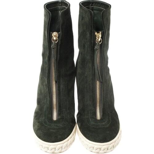 Fashion Woman Army Green Suede Zipper Ankle Boots Iner Height Increasing Wedge Sole Round Toe Roman Boots Female Short Boots