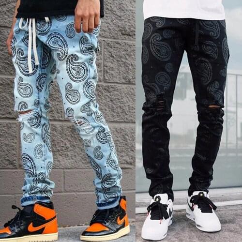 2021 New Style Streetwear Ripped Jeans Mens New Fashion Jacquard Printing Denim Trousers Casual Pencil Loose Hip Hop Pants