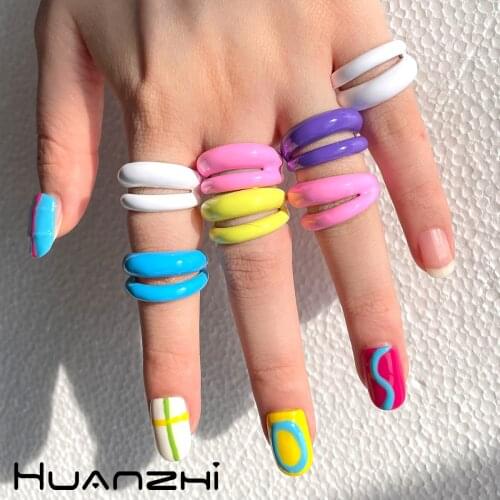 HUANZHI 2021 New Vintage Colorful Double Layer Exaggerated Dripping Oil Metal Rings for Women Girls Jewelry Party Travel Gifts