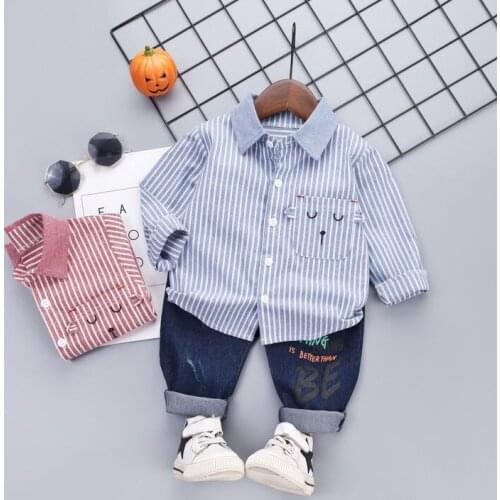New Spring Children Boys Girls Cartoon Lapel STRIPS Shirt Pants 2Pcs/Sets Infant Clothes Suit Fashion Baby Casual Tracksuits Set