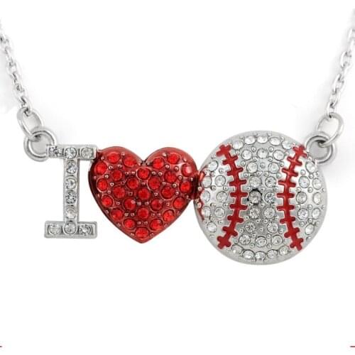 Red Rhinestone Heart I LOVE Baseball Heart Pendant Necklace Exquisite Women Man Ball Sport Souvenir Jewelry Gift Wholesale