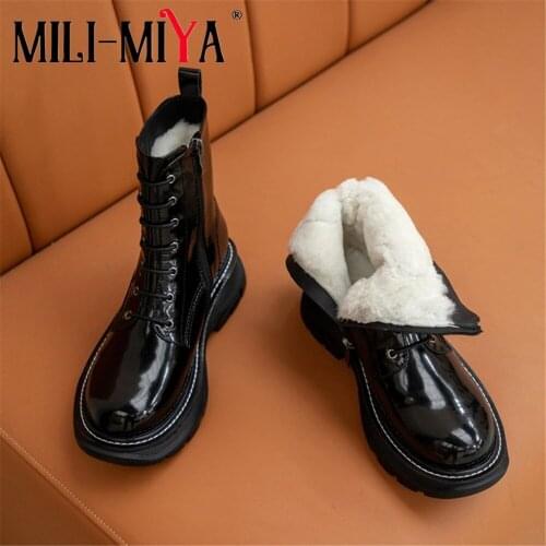 MILI-MIYA New Arrival Cow Leather Snow Women Ankle Boots Warm Sheep Fur Lace Up Platform Heels Round Toe Zipper Plus Size 34-42