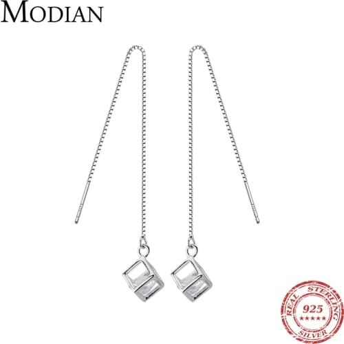Modian Sterling Silver 925 Long Chain Drop Earrings for Women Square 3D Clear CZ Dangle Earings Luxury Accessries