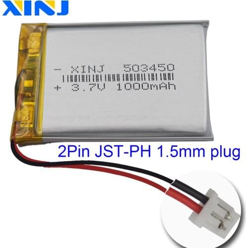 XINJ 3.7V 1000mAh Polymer Battery Li po Li ion cell 2pin JST-PH 1.5mm plug 503450 For driving recorder Camera Sat Nav speaker