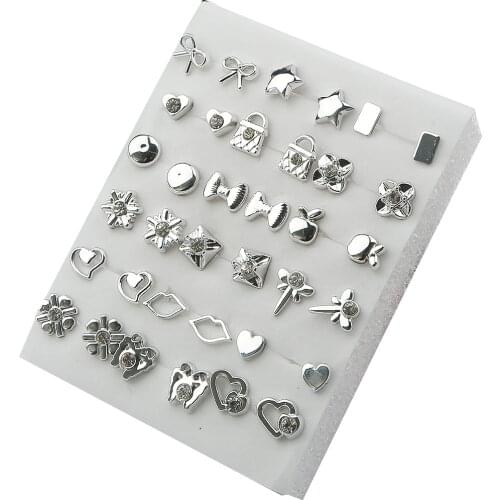 Silver 18Pair/Set Random Design Fashion Women Lady Round Star Plastic Rhinestone Crystal Flower Ear Stud Earring Jewelry