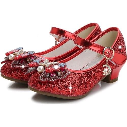 Princess Kids Leather Shoes For Girls Flower Casual Glitter Children High Heel 2020 Girls Shoes Sweet Butterfly Knot Dress Shoes