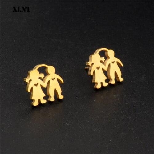 XLNT Romantic Boy and Girl Hand in Hand Stud Earrings Stainless Steel Earrings Gifts for Women Lovers Couple Jewelry