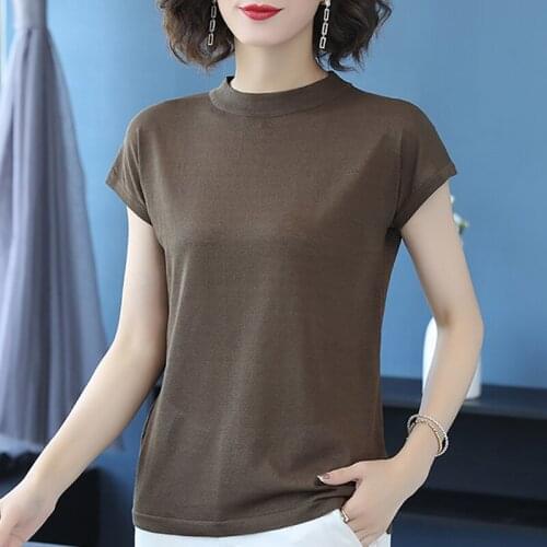 2021 Summer Cotton T Shirt Women Fashion Striped Solid Tees Casual Half High Collar Knitted Tee Shirts Femme Tops