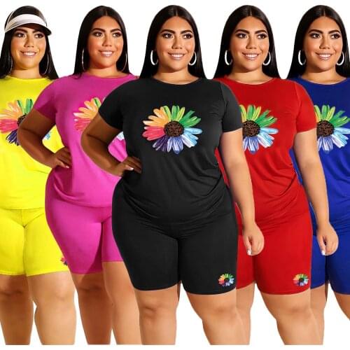 Short Sets for Women Daisy Floral Print 2 Piece Sets Womens Outfits Black Red Yellow Blue Casual Two Piece Set Top and Short Set