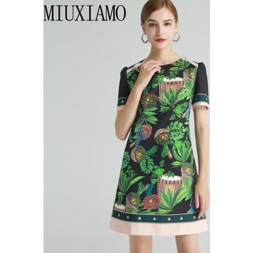 MIUXIMAO 2021 Spring Summer Women Diamonds Pin Beads Abstract Green Printed Short Sleeve Holiday Elegant Dress Vestidos