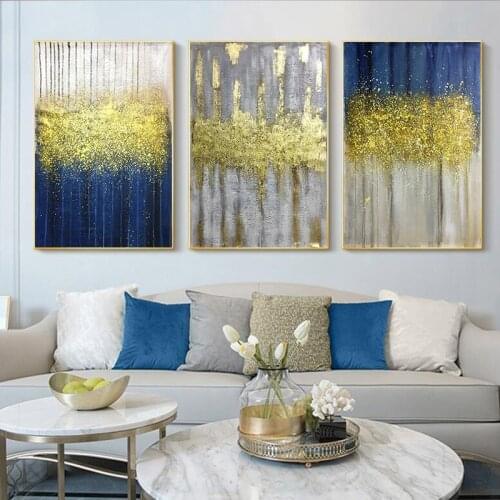 3 Pieces Framed Canvas Wall Decor Home Decor Gold Acrylic Navy Blue Room Decoration For Living Room Abstract shinny Painting